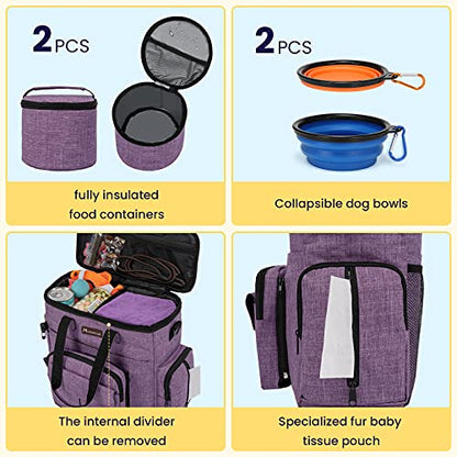 Modoker Dog Travel Organizer Carriers for Supplies & Accessories, Airline Approved Cat Pet Travel Bag, 2 Collapsible Bowls, 2 Travel Dog Food Container, Purple - color: Soft Purple