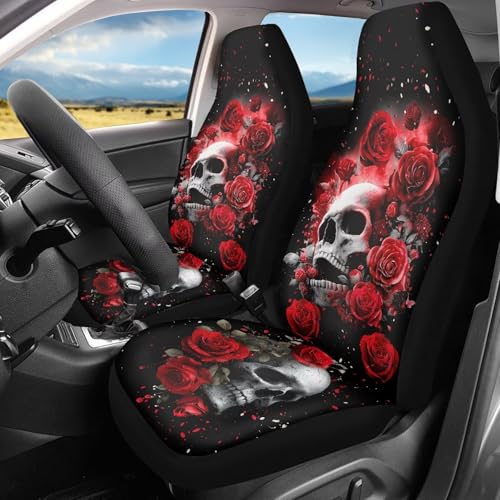 Bulopur Halloween Auto Seat Covers Front Seats Gothic Skull and Red Rose Car Seat Covers Set Car Accessories Interior Highback Bucket Covers for Most Cars - color: Gothic Skull and Red Rose