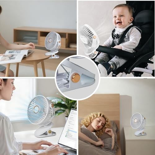 Portable Clip on Fan 5 Speeds 360° Dual Rotation Brushless Motor Ultra Quiet <20dB LED Light USB Rechargeable