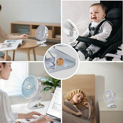 Portable Clip on Fan 5 Speeds 360° Dual Rotation Brushless Motor Ultra Quiet <20dB LED Light USB Rechargeable