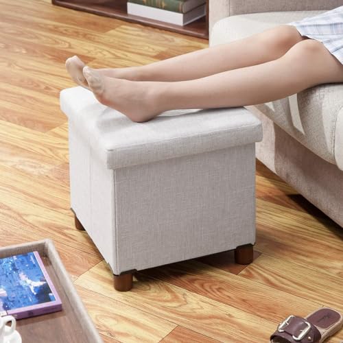 15 Inch Storage Ottoman with Wooden Legs - Cube Foot Rest Stool, Square Footstool, Comfortable Seat with Lid, Foldable Fabric Ottoman, Space-Saving White - color: Squ Light Grey