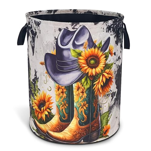 American Western Cowboy Hat Boots Laundry Basket Sunflower Oxford Cloth Laundry Hamper With Handle Foldable Portable Clothes Storage Basket 18.9 X 16.5 In Storage Bag For Laundry Room/Bathroom/Bedroom - color: American Western Cowboy Hat Boots