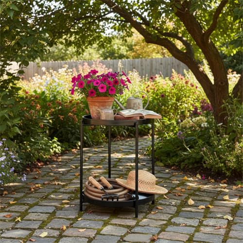 danpinera 2-Tier Round Side Table, Metal End Table with Removable Tray, Small Outdoor Table Accent Table, Anti-Rust Black Nightstand for Bedroom Balcony Patio (Black) - color: Black