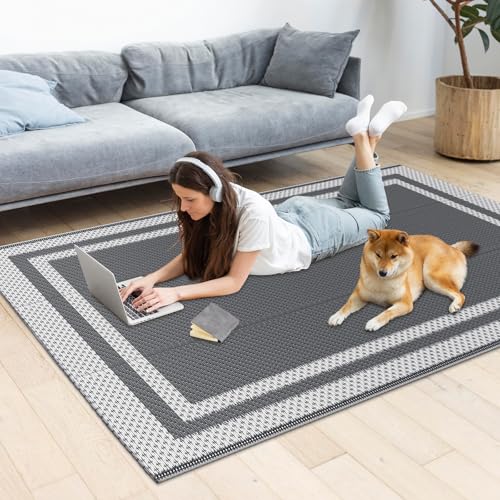 HappyTrends,Outdoor Rug,Patio Rug,Reversible Portable Outdoor Plastic Straw Rug,Camping Rugs for Outside RV,Large Waterproof Area Rugs for Patio,Deck,Picnic,Porch,Balcony(4'x 6',White&Gray) - size: 4' x 6' (Rectangular)
