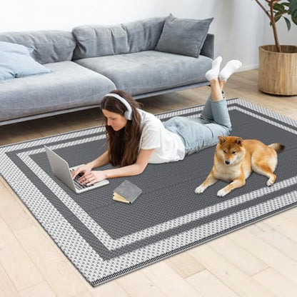 HappyTrends,Outdoor Rug,Patio Rug,Reversible Portable Outdoor Plastic Straw Rug,Camping Rugs for Outside RV,Large Waterproof Area Rugs for Patio,Deck,Picnic,Porch,Balcony(4'x 6',White&Gray) - size: 4' x 6' (Rectangular)