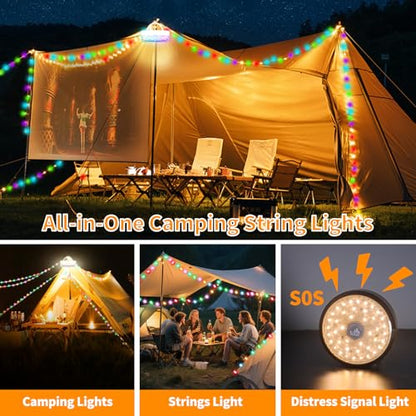 Camping String Lights Rechargeable 4000mAh, 3 in 1 Upgraded Outdoor String Lights with 13 Lighting Modes, 32.8FT LED Hanging Lights, Waterproof Camping Lights for Awning Party Festival Decor