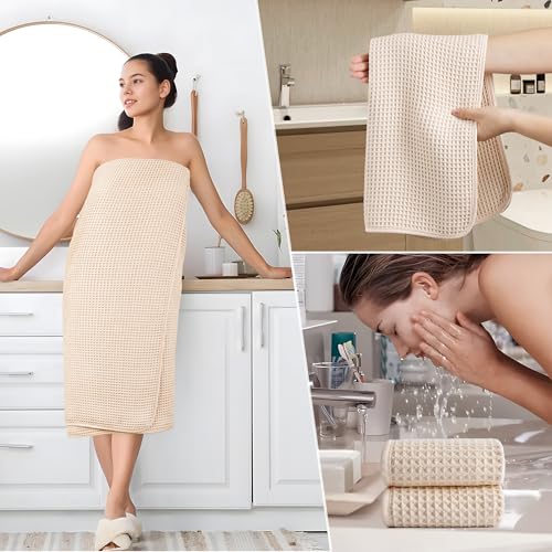 POLYTE 430 GSM Microfiber Quick Dry Lint Free Oversize Bath Towel Set, 6 Piece (Waffle Weave) - color: Light Beige