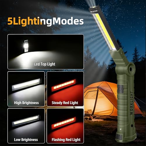 LED Work Light Rechargeable Flashlight, Tool Gifts for Fathers Day Dad Husband Men Boyfriends Him Mechanic Grill Light Inspection Lamp Magnetic Base 5 Modes 360° Rotate Car Emergency Repair Green 4PCS - color: Army Green 4PCS