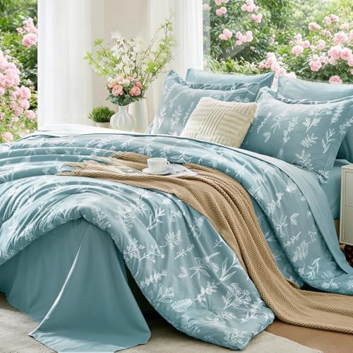 MUXHOMO Blue Full Comforter Set, Elegant Floral Print Bed in a Bag 7 Pieces, Ultra Soft & Breathable Reversible Botanical Pattern Bedding Set with Comforter, Sheets, Pillowcases, and Shams - color: Gray-blue Leaves, size: Full(82"x86")