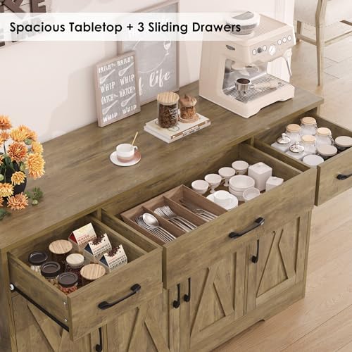 HOSTACK Buffet Sideboard Cabinet with Drawers, 55" Large Buffet Storage Cabinet with Shelves and Doors, Modern Farmhouse Coffee Bar Station Wood Kitchen Table for Kitchen, Dining Room, Rustic Brown - color: Rustic Brown