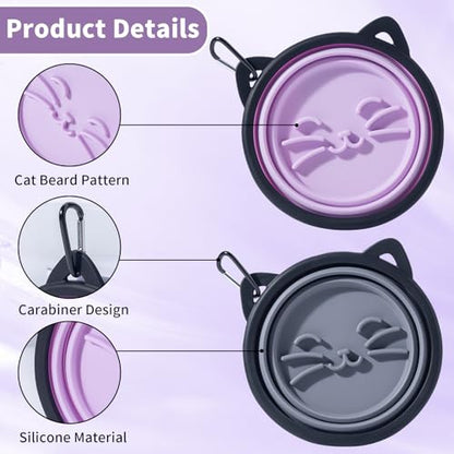 2Pack Silicone Collapsible Dog Bowls, Cute Pet Ear Shape and Cat Graphic Travel Water Bowl Full of Pet Atmosphere 25oz Portable Feeder for Small Large Dog Walking Hiking Camping (Purple and Grey) - color: Purple and Grey