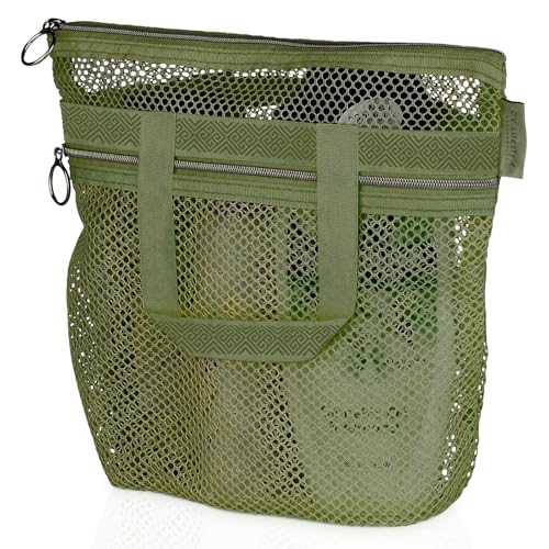 DV Lifestyle Mesh Shower Bag 10.2x9.9'' Quick-Dry Caddy with Zipper & 2 Pockets. Portable Toiletry Tote for Bathroom, Gym, Travel, Camp, Beach, for Sunscreen, Dorm & College Essentials (Olive Green) - color: Olive Green, size: Small