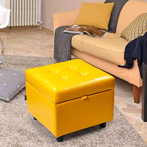 H&B Luxuries Tufted Leather Square Flip Top Storage Ottoman Cube Foot Rest - color: Yellow With Storage