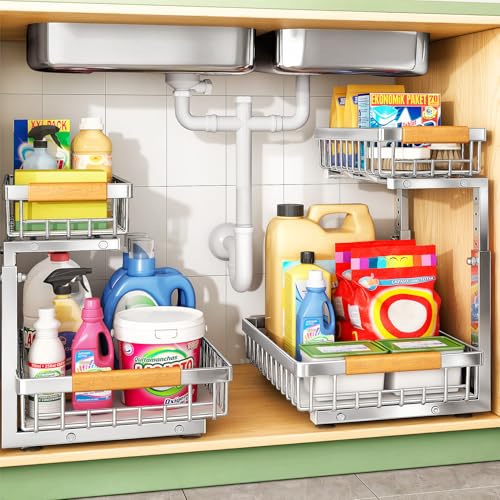 Kitstorack Under Sink Organizer, 2 Tier Under the Sink Storage, Slide out Pull out Cabinet Organizer Shelf, Metal Sliding Drawer for Kitchen Bathroom Pantry Closet Organization Rack, Silver, 2 Pack - color: Silver, size: 2 Pack