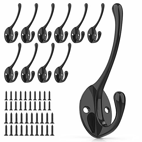 Heavy-Duty Metal Coat Hooks for Wall, 10-Pack Black Wall Mounted Hooks with 20 Screws, Double Robe Hooks for Coat, Hat, Robe, Towel, Entryway, Bathroom, Kitchen - color: 10PCS Black Long Hooks