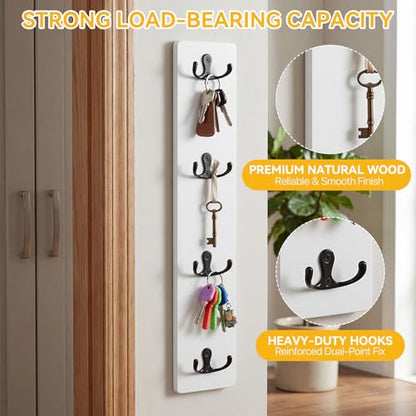 Supkiir Vertical Key Holder for Wall, Wooden Wall Mount Key Rack with 4 Double Hooks, Space-Saving White Wooden Keys Rack Organizer for Home Entryway, Garage Decor, Keys, Wallets and Pet Leashes