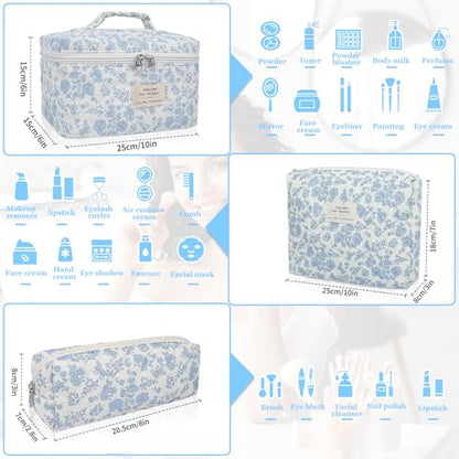 Gosect Makeup Bag, Large Quilted Cosmetic Bag, Big Floral Make Up Bag for Women Girls, Cute Cotton Makeup Bag Set, Flower Travel Toiletry Organizer Bag (Blue Flower) - color: Flower