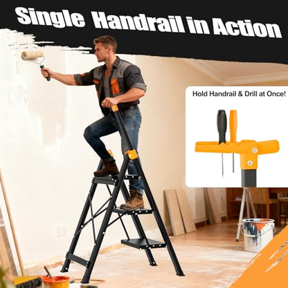 3 Step Ladder with Single-Handrail, Aluminum Step Stool Foldable, Lightweight Sturdy Step Ladder with Anti-Slip Pedals,Convenient Handrail for Home Kitchen Closet, 600lbs Max Load Capacity (Yellow) - color: Yellow, size: 3 steps