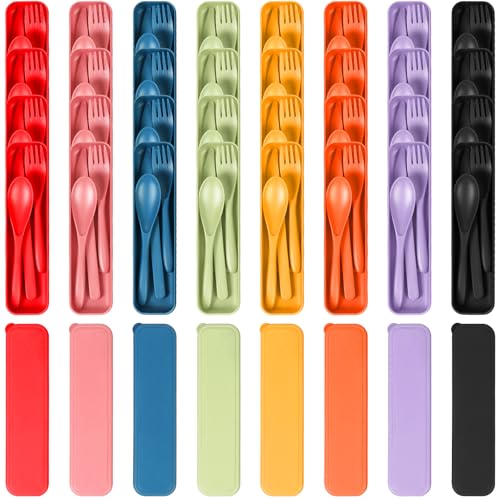 YDYTOP Reusable Travel Utensils Set with Case, 32 Sets Wheat Straw Knife Fork Spoon Cutlery, Multicolor Plastic Silverware for Kids and Adults, School Lunch, Party, Picnic and Camping - color: 32 Sets - Red, Pink, Dark Blue, Nordic Green, Yellow, Orange,