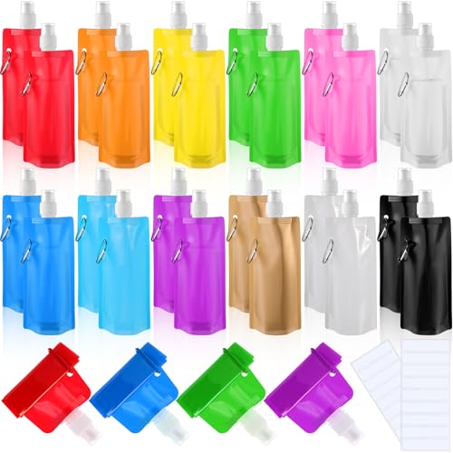 Teenyyou 24 Pack Collapsible Water Bottles Bulk 16oz Foldable Water Bottles with Carabiner Reusable Drinking Leak Proof Container Bags for Sport Biking Hiking Camping Travel Outdoor (12 Colors) - color: 12 Colors