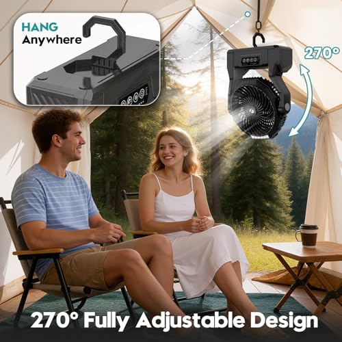Camping Fan with 64H Runtime, Rechargeable Battery Powered Portable Fan with LED Light, Quiet Travel Tent Fan for Camping, Hurricane, Fishing, Indoor Outdoor, Gifts for Men Black
