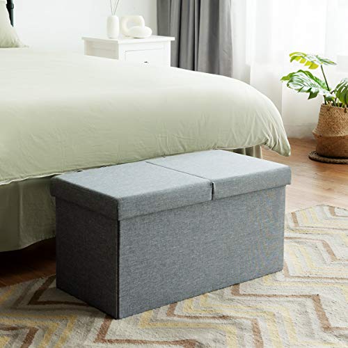 Folding Storage Ottoman w/Flipping Lid, End of Bed Bench, Fabric Shoe Bench w/Padded Seat, Upholstered Foot Rest Stool, Storage Box for Living Room, Bedroom, Entryway (Silver)