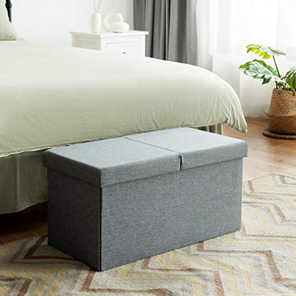 Folding Storage Ottoman w/Flipping Lid, End of Bed Bench, Fabric Shoe Bench w/Padded Seat, Upholstered Foot Rest Stool, Storage Box for Living Room, Bedroom, Entryway (Silver)