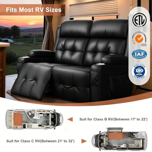 RV Loveseat Recliner Sofa, Wall Hugger Massage Reclining RV Couch with USB, Insert Pockets, Cup Holders, 150° RV Recliners Sleeper Sofas for RV Furniture & Travel Trailers & Home Theater Seating - color: Black, size: Loveseat-G1