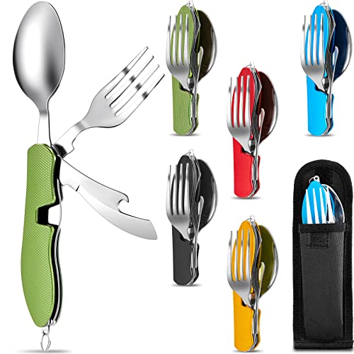 Folding Camping Utensil Set – Stainless Steel Spoon, Fork, Knife & Bottle Opener – Portable Outdoor Tableware, Backpacking Cutlery in Red, Green, Blue, Black, Gold(5 Pcs)