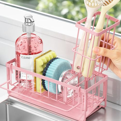 Sponge Holder for Kitchen Sink, Kitchen Sink Caddy, Kitchen Sink Sponge Holder, Dish Sponge Holder, Kitchen Sink Organizer for Sponge, Dish Brush, Scrubber(9.65" x 3.74" x 6.3", Pink) - color: Pink