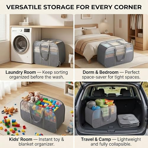 150L Collapsible Laundry Basket, 3-Compartment Foldable Hamper with Handles, Durable & Lightweight Clothes Organizer for Laundry Room, Dorm, Travel - Grey