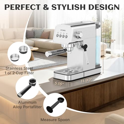 AYCHIRO 20 Bar Espresso Machine, Professional Espresso Machine with Milk Frother, Compact Espresso Maker for Cappuccino and Latte, Removable Water Tank and Drip Tray - color: SS-Silver