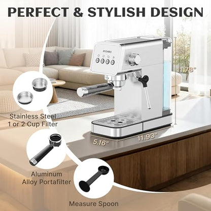 AYCHIRO 20 Bar Espresso Machine, Professional Espresso Machine with Milk Frother, Compact Espresso Maker for Cappuccino and Latte, Removable Water Tank and Drip Tray - color: SS-Silver