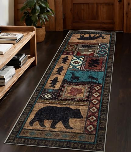 Hallway Runner Rug 2x6 Indoor Door Mat - Bear Rustic Cabin Non-Slip Entryway Rug, Low Pile Tribal Print for Kitchen, Bedroom - color: Brown, size: 2'x6' (Runner)