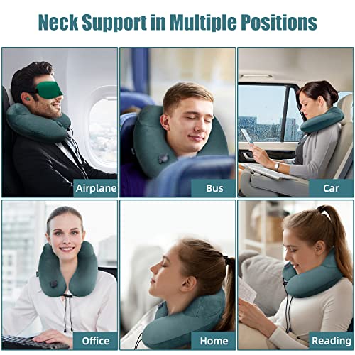 Compact Travel Neck Pillow for Airplanes, Super Soft Velvet Neck Support, Adjustable Firmness, Inflatable Plane Pillow for Long Flights, Road Trips, Travel Essentials with Eye Mask, Earplug - color: Dark Green