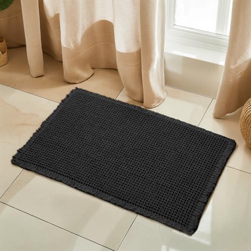 SUBRTEX Waffle Braided Bath Mat, 18" x 24" Soft Waffle Bath Rugs, Absorbent Non Slip Bathrooom Mats, Machine Washable Area Rug for Bathroom, Quick Dry, Black - color: Black Waffle, size: 18" x 24" (Rectangular)