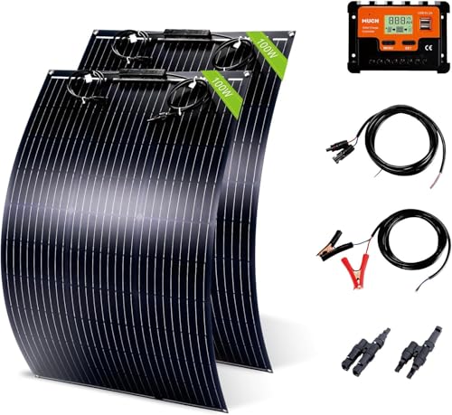 200W Flexible Solar Panel Kit, Lightweight Monocrystalline Ultra-Flexible Bendable Mono Off-Grid Charger with 30A Charge Controlle for 12-24V Battery Charging Car Battery Camping Stuff (2 * 100W) - size: 200W Kit