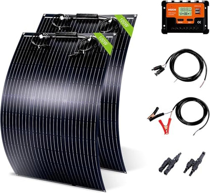 200W Flexible Solar Panel Kit, Lightweight Monocrystalline Ultra-Flexible Bendable Mono Off-Grid Charger with 30A Charge Controlle for 12-24V Battery Charging Car Battery Camping Stuff (2 * 100W) - size: 200W Kit
