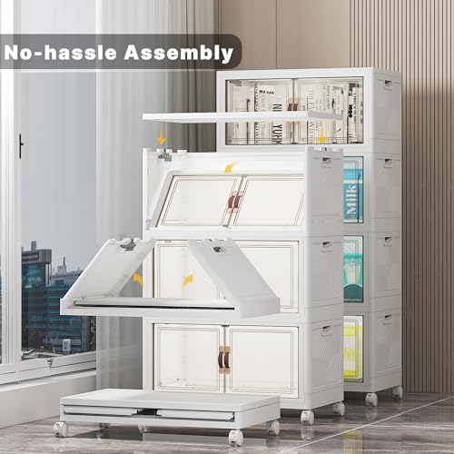 220Qt Stackable Storage Bins with Lids, 4 Pack Collapsible Storage Bins with Wheels, Plastic Cabinet with Doors, Foldable Closet Organizers for Home, Dorm, Office, White