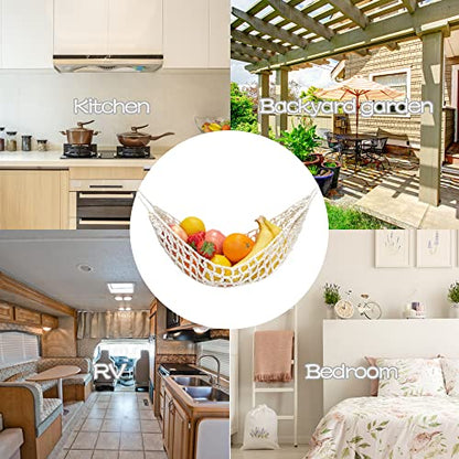 Fruit Hammock for Kitchen Under Cabinet Fruit Basket Hanging Handwoven Cotton Macrame Basket Boho Decor Storage Save Counter Space for Home Camper RV (Off-white)