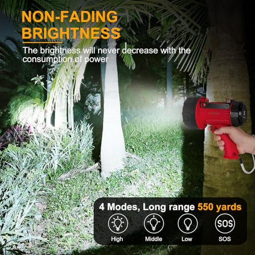 YIERBLUE Rechargeable Spotlight Flashlight with 2000,000 High Lumen LED, IP67 Waterproof Long Running Spot Light searchlight, Impact Resistant Handheld Spotlight with Foldable Stand and Red Lens - color: Red-Pro