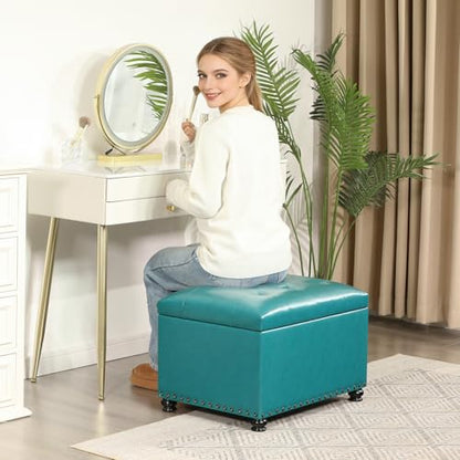 Joveco Leather Storage Ottoman, 24" Rectangle Tufted Upholstered Bench, Foot Rest Stool with Wood Legs, Footstool for Living Room, Bedroom - color: Teal Faux Leather