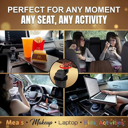 360° Rotating Wood Car Tray – Drive Thru Tray & Cup Holder Car Desk, Car Table Tray for Eating, Work & Travel – Adjustable Laptop Stand for Car – Portable Car Table for Vehicles & RV