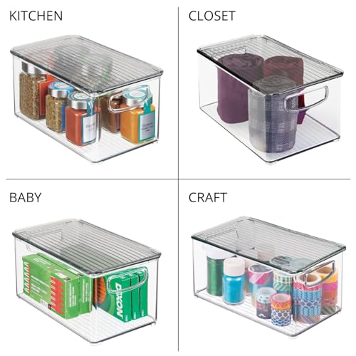 mDesign Plastic Deep Storage Bin Box Container with Lid and Built-In Handles - Organization for Fruit, Snacks, or Food in Kitchen Pantry, Cabinet, Cupboard, Ligne Collection, 2 Pack, Clear/Smoke Gray
