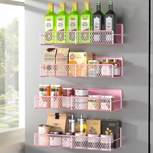 DTUQYX Magnetic Spice Rack for Refrigerator, 4 Pack 100% Metal Strong Magnet Fridge Shelves, Space Saving Spice Organizer, No Drilling Moveable Home Kitchen Laundry Room Storage Organization, Pink - color: Pink, style: 4 Pack
