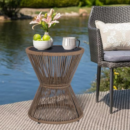 SUNNYPARK Outdoor Side Table 20'' H Small End Tables Woven Rope Weather Resistant with Glass Top Round Coffee Table for Indoor Balcony Patio Poolside (Brown) - color: Brown