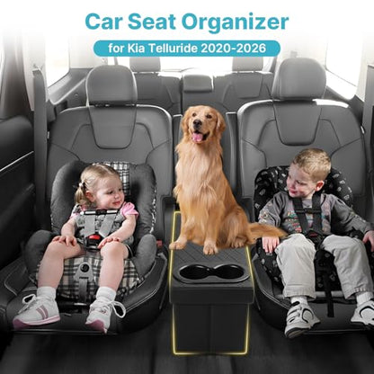 Mixsuper Liner Car Seat Organizer for Kia Telluride 2020-2026 Center Console Organizer with Cup Holders for Telluride, Kids Toys Baby Supplies Dog Toy Box Storage Bin Travel Accessories