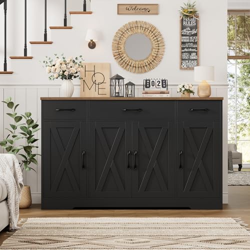 HOSTACK Buffet Sideboard Cabinet with Drawers, 55" Large Buffet Storage Cabinet with Shelves and Doors, Modern Farmhouse Coffee Bar Station for Kitchen, Dining Room, Black/Rustic Brown - color: Black/Rustic Brown