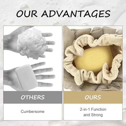 3 Pcs Soap Bar Loofah, 2 in 1 Bar Soap Loofah Pouch Can Hold Soap Effective Exfoliation for Bathing (Beige*2 + Khaki*1) - style: Beige + Khaki