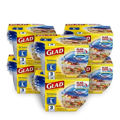 Glad GladWare Tall Entree Food Storage Containers with Lids, Large Square BPA Free Plastic for Meal Prep and Lunches, Lock Tight Seal, Microwave and Dishwasher Safe, 42 Oz, 3 Count - 6 Pack - size: 3 Count (Pack of 6), style: Square
